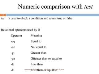 Numeric comparison with  test test  is used to check a condition and return true or false Relational operators used by if Operator Meaning -eq Equal to -ne Not equal to -gt Greater than -ge Gfreater than or equal to -lt Less than -le Less than or equal to www.scmGalaxy.com,  Author - Rajesh Kumar 