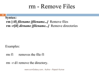 Syntax: rm [-if]  filename [filename...]   Remove files rm -r[if]  dirname [filename...]   Remove directories Examples: rm f1 removes the file f1 rm –r d1 remove the directory. rm - Remove Files www.scmGalaxy.com,  Author - Rajesh Kumar 
