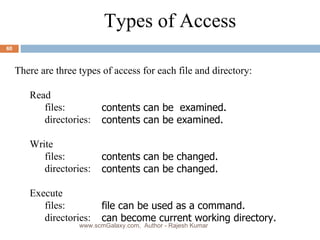 contents can be  examined.  contents can be examined.  contents can be changed.  contents can be changed.  file can be used as a command. can become current working directory. Types of Access There are three types of access for each file and directory: Read files:  directories:  Write  files:  directories:  Execute  files: directories:  www.scmGalaxy.com,  Author - Rajesh Kumar 