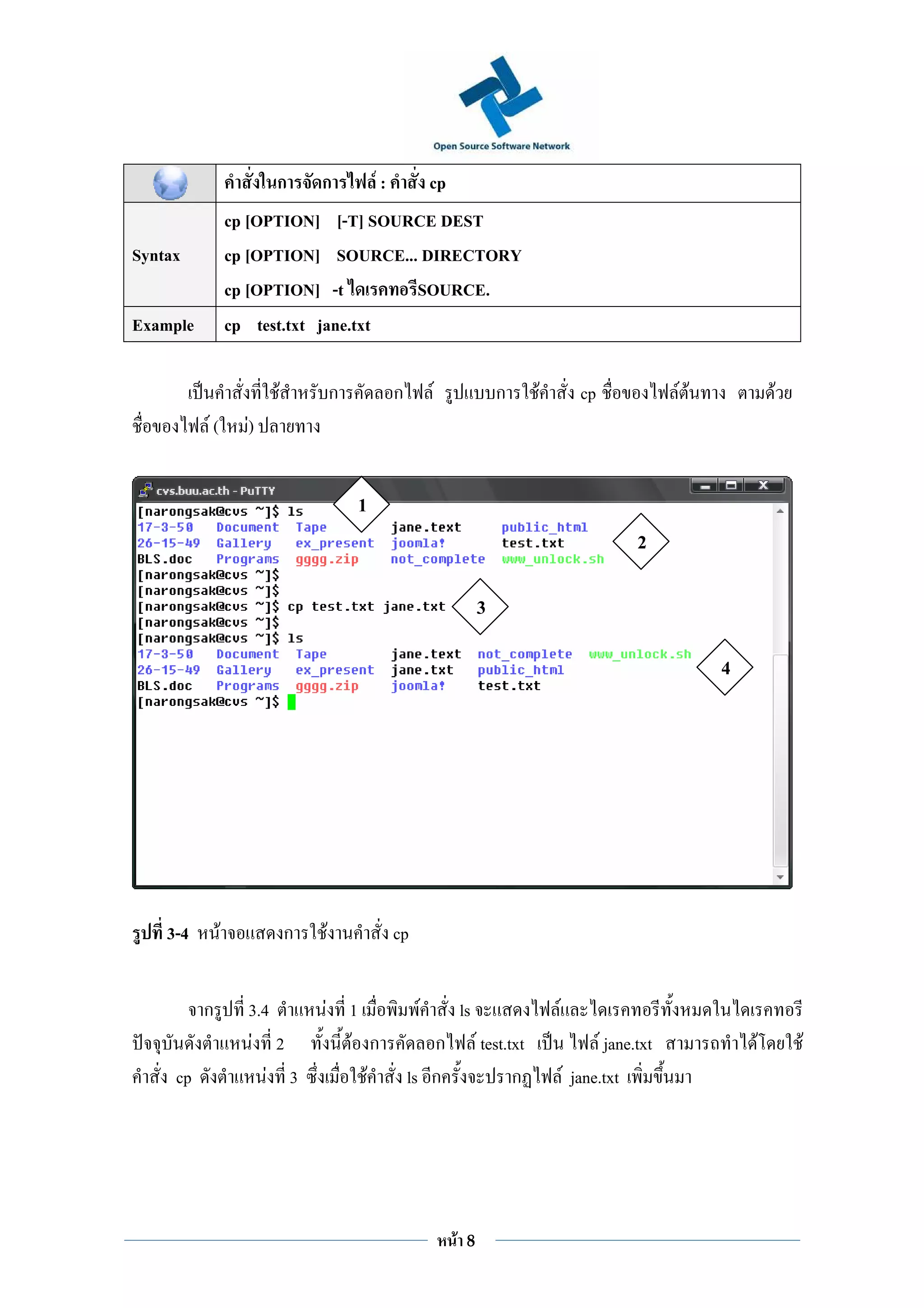 ก       ก           F:            cp
                   cp [OPTION] [-T] SOURCE DEST
Syntax             cp [OPTION] SOURCE... DIRECTORY
                   cp [OPTION] -t       SOURCE.
Example            cp test.txt jane.txt

                          F           ก            ก        F                 ก        F          cp              FF           F
          F(         F)


                                          1
                                                                                                            2

                                                                          3

                                                                                                                       4




    3-4        F              ก   F                cp


          ก          3.4          F 1                   F            ls                    F
                     F 2            F ก                   ก               F test.txt                 F jane.txt            F       F
     cp                 F 3           F                ls ก                       ก            F jane.txt




                                                                 F    8
 