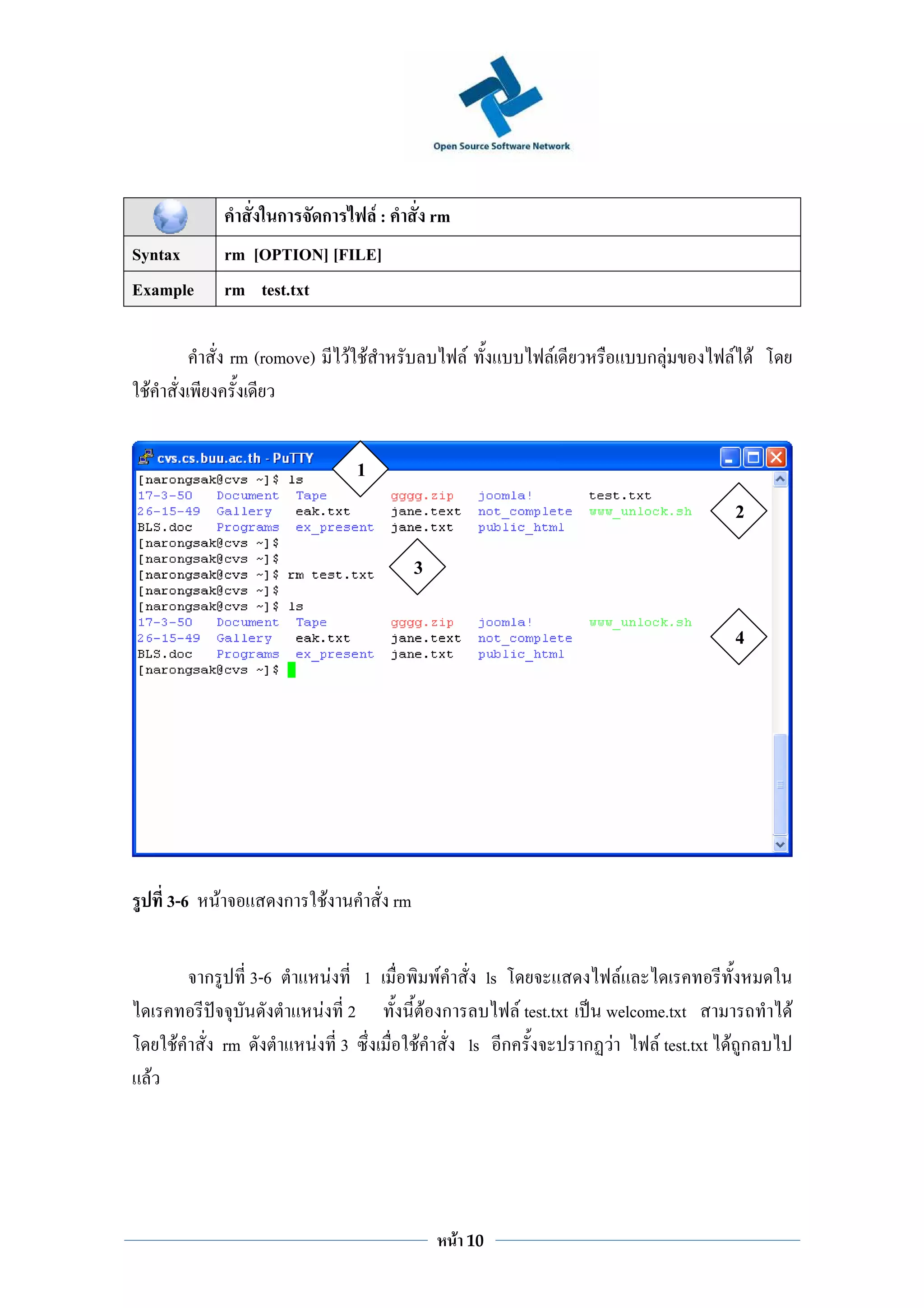 ก   ก              F:            rm
Syntax                  rm [OPTION] [FILE]
Example                 rm test.txt

                        rm (romove)             F F                          F         F      ก F        F F
  F


                                                 1
                                                                                                         2

                                                                3

                                                                                                         4




          3-6       F              ก    F                  rm


                ก            3-6            F     1                 F             ls      F
                                        F 2                       F ก      F test.txt   welcome.txt            F
           F            rm             F 3                      F     ls ก            ก F     F test.txt F ก
      F




                                                                         F   10
 