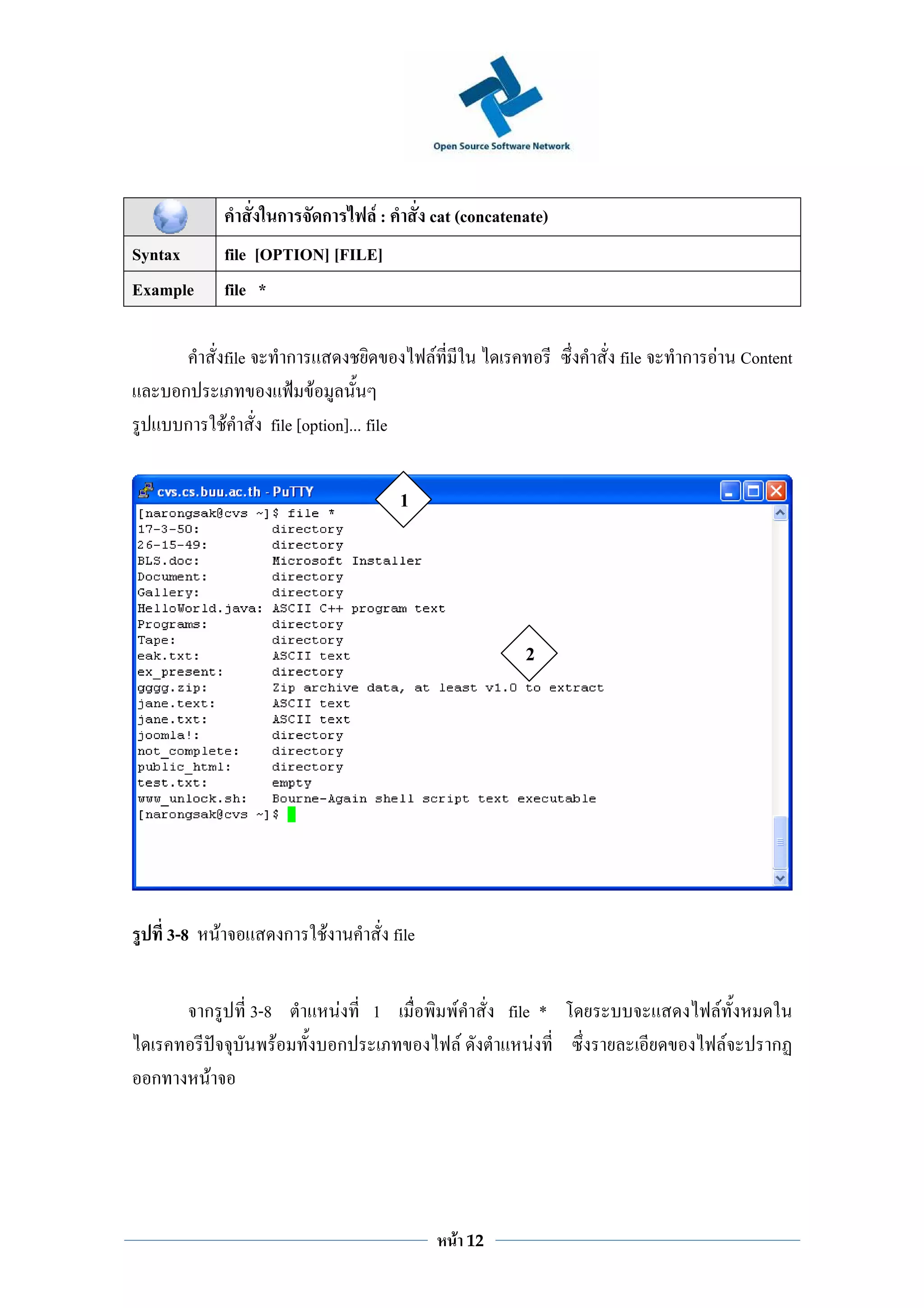 ก   ก       F:          cat (concatenate)
Syntax              file [OPTION] [FILE]
Example             file *

                    file             ก                       F                             file   ก   F Content
       ก                            F
       ก            F        file [option]... file


                                                       1




                                                                                    2




      3-8       F                    ก   F            file


            ก              3-8               F   1                   F            file *              F
                                 F           ก                           F            F                   F   ก
  ก         F




                                                                 F           12
 