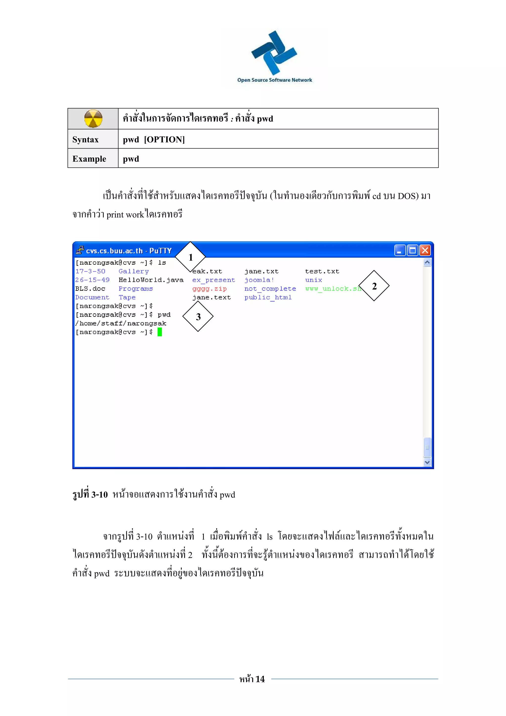ก           ก                         :           pwd
Syntax          pwd [OPTION]
Example         pwd

                           F                                                   (       ก ก   F cd   DOS)
 ก     F print work


                                               1
                                                                                             2

                                                   3




     3-10       F              ก       F                   pwd


            ก       3-10                   F           1         F            ls         F
                                   F 2                     F ก                F    F                  F    F
     pwd                             F




                                                                     F   14
 