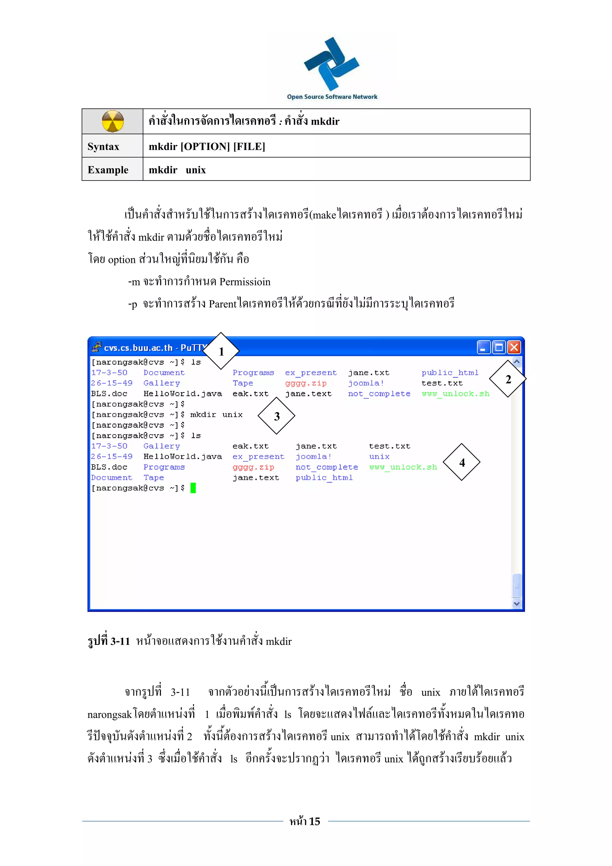 ก       ก             :         mkdir
Syntax          mkdir [OPTION] [FILE]
Example         mkdir unix

                              F ก     F               (make         )            F ก                     F
  F F       mkdir     F             F
    option F        F   Fก
         -m       ก ก   Permissioin
         -p       ก F Parent          F F ก                   F ก

                               1
                                                                                                     2

                                           3

                                                                                           4




    3-11        F         ก       F       mkdir


            ก       3-11   ก F    ก F                                   F       unix           F
narongsak              F 1      F ls                           F
                    F 2     F ก F        unix                               F          F       mkdir unix
           F 3           F   ls ก    ก F                            unix F ก F                  F    F


                                                  F   15
 