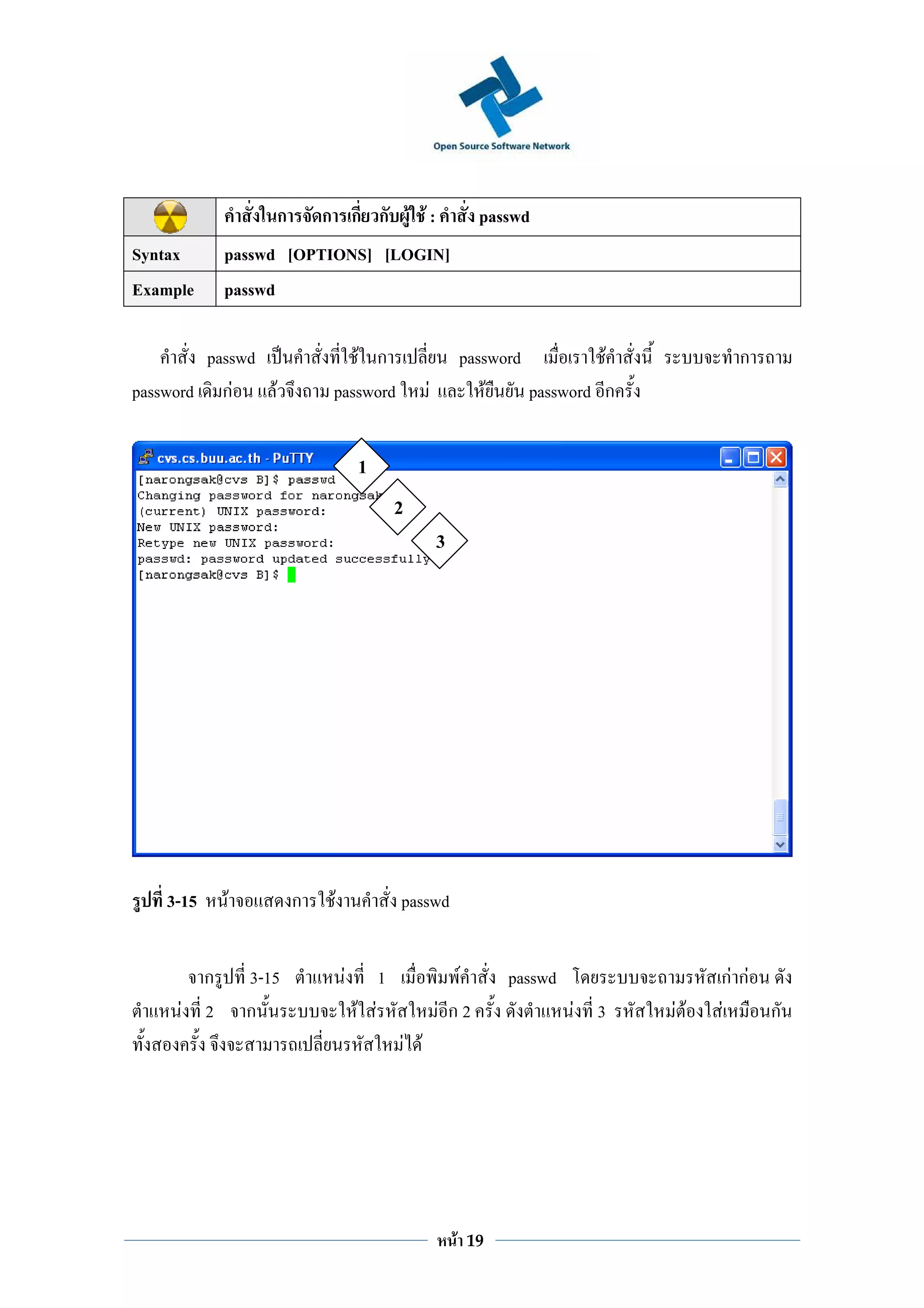 ก       ก ก ก F F:                                    passwd
Syntax     passwd [OPTIONS] [LOGIN]
Example    passwd

        passwd                 F ก                                  password          F             ก
password กF    F            password                    F               F    password ก


                                    1
                                              2
                                                            3




   3-15    F           ก    F                 passwd


       ก       3-15             F         1                         F        passwd               กF กF
     F 2       ก                    F F                     F ก2                      F 3   F F   F     ก
                                                  F F




                                                                F       19
 