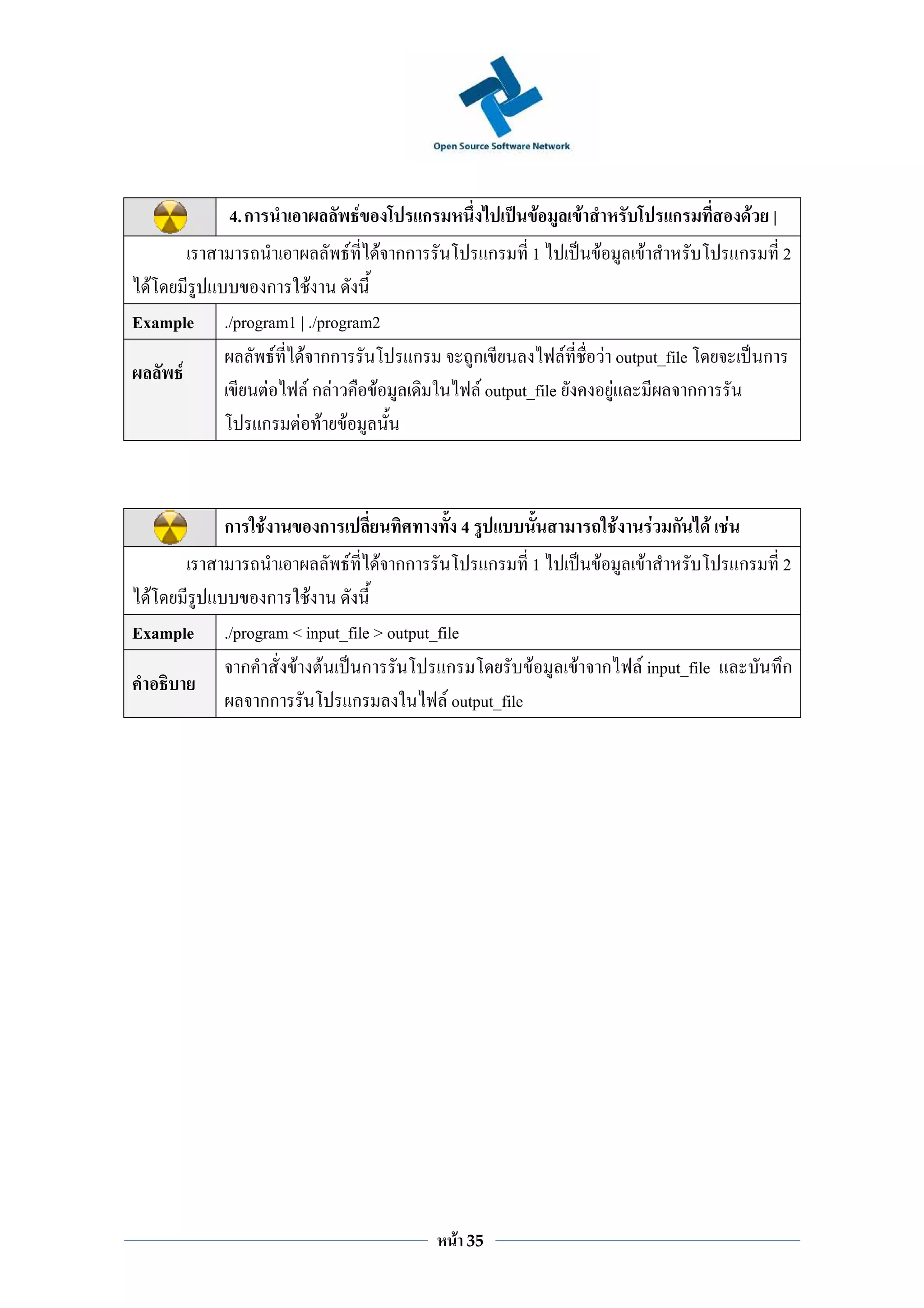 4. ก                   F          ก                      F       F                      ก                  F |
                             F       F กก                 ก       1            F            F                    ก         2
  F              ก F
Example   ./program1 | ./program2
                   F F กก               ก               ก              F               F output_file                  ก
     F
                 F     Fก F      F                       F output_file                   F          กก
                ก F F F



          ก      F       ก                          4                                   F       F ก        F F
                             F       F กก                 ก       1                F        F                    ก         2
  F              ก F
Example   ./program < input_file > output_file
             ก       F F       ก            ก             F                F ก              F input_file                   ก
                กก           ก              F output_file




                                                F   35
 