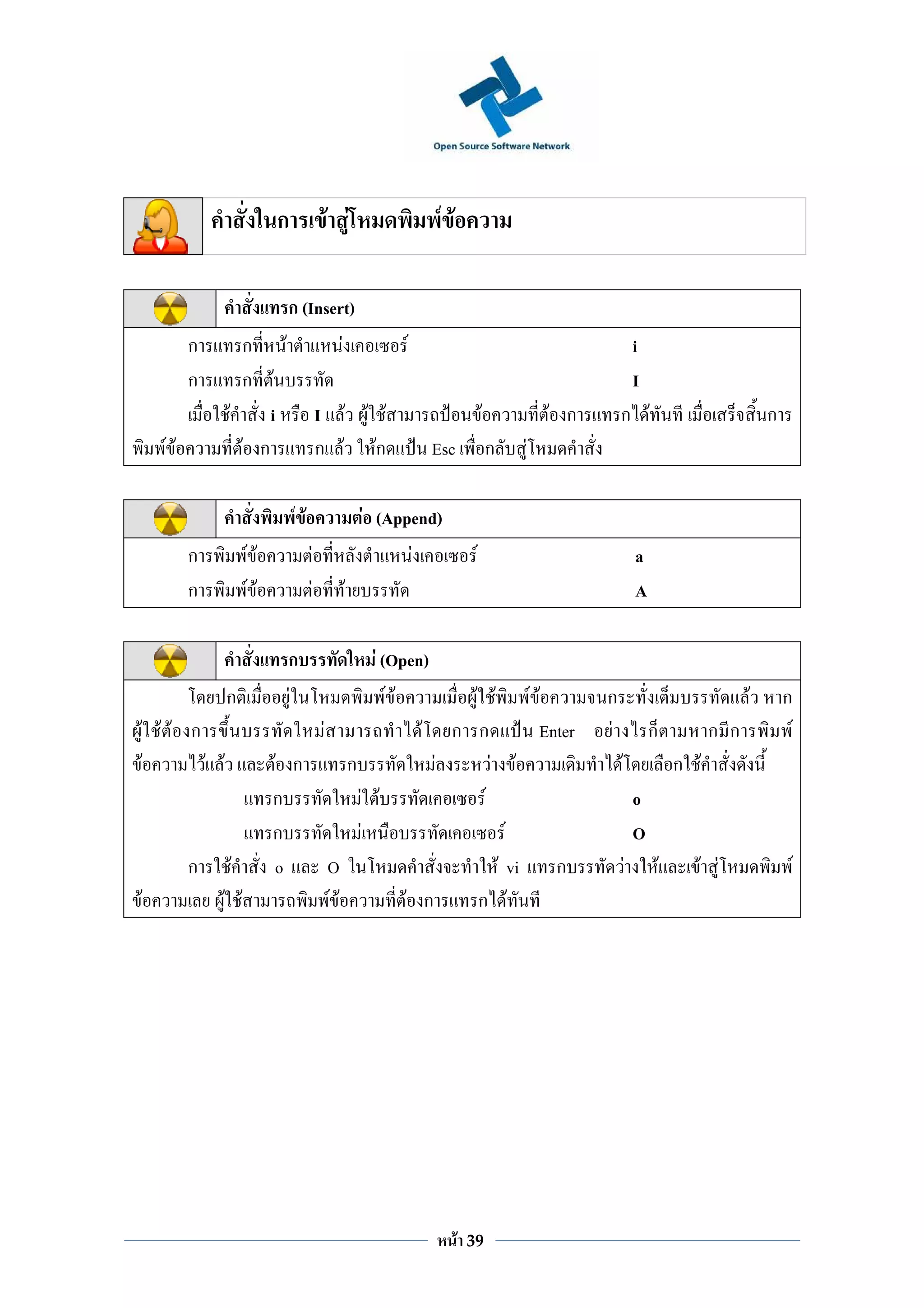 ก                          F F                                   F F

                         ก (Insert)
         ก      ก F                                     F                       F                                                      i
         ก      ก F                                                                                                                    I
              F     i                         I F F F                                                   F           F ก        ก F                                 ก
    FF          F ก                           ก F Fก                                    Esc                 ก   F

                                F F                                 F (Append)
         ก         FF                 F                                             F               F                                  a
         ก         FF                     F                 F                                                                          A

                         ก                                            F (Open)
              ก             F                                             F F         F F F F                             ก                                    F       ก
F F F ก                                        F                                  F ก ก         Enter                      F               ก             ก ก               F
 F      F F             F ก                                     ก                   F     F F                                  F                   ก F
                        ก                                           F F                 F                                              o
                        ก                                            F                       F                                         O
         ก    F         o                          O                                       F vi   ก                                F           F     F F                       F
F            F F                                   FF                           F ก    ก F




                                                                                               F   39
 