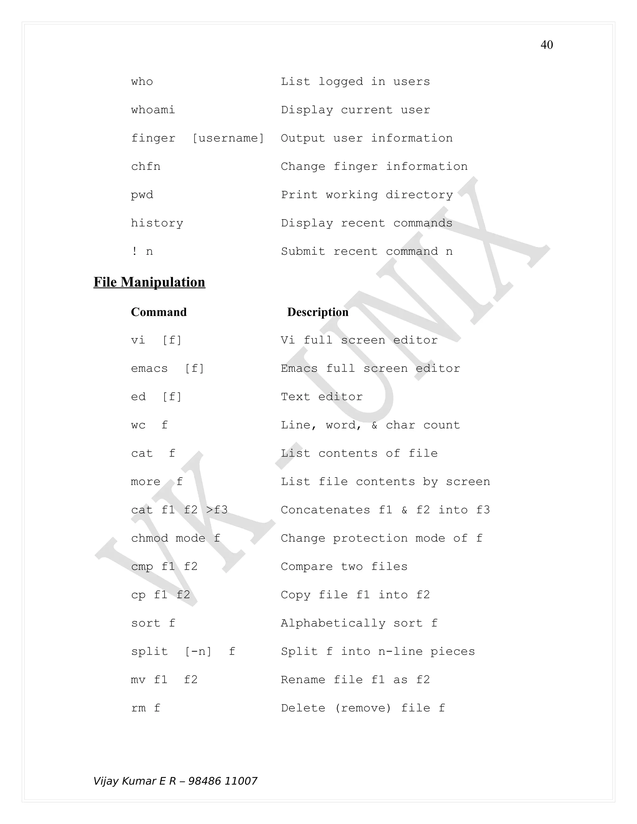 who List logged in users
whoami Display current user
finger [username] Output user information
chfn Change finger information
pwd Print working directory
history Display recent commands
! n Submit recent command n
File Manipulation
Command Description
vi [f] Vi full screen editor
emacs [f] Emacs full screen editor
ed [f] Text editor
wc f Line, word, & char count
cat f List contents of file
more f List file contents by screen
cat f1 f2 >f3 Concatenates f1 & f2 into f3
chmod mode f Change protection mode of f
cmp f1 f2 Compare two files
cp f1 f2 Copy file f1 into f2
sort f Alphabetically sort f
split [-n] f Split f into n-line pieces
mv f1 f2 Rename file f1 as f2
rm f Delete (remove) file f
Vijay Kumar E R – 98486 11007
40
 