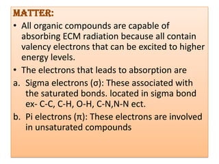 Matter:
• All organic compounds are capable of
  absorbing ECM radiation because all contain
  valency electrons that can be excited to higher
  energy levels.
• The electrons that leads to absorption are
a. Sigma electrons (σ): These associated with
   the saturated bonds. located in sigma bond
   ex- C-C, C-H, O-H, C-N,N-N ect.
b. Pi electrons (π): These electrons are involved
   in unsaturated compounds
 