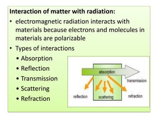 Interaction of matter with radiation:
• electromagnetic radiation interacts with
  materials because electrons and molecules in
  materials are polarizable
• Types of interactions
  • Absorption
  • Reflection
  • Transmission
  • Scattering
  • Refraction
 