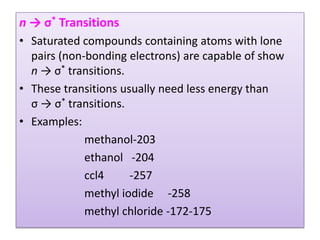 n → σ* Transitions
• Saturated compounds containing atoms with lone
  pairs (non-bonding electrons) are capable of show
  n → σ* transitions.
• These transitions usually need less energy than
  σ → σ* transitions.
• Examples:
             methanol-203
             ethanol -204
             ccl4     -257
             methyl iodide -258
             methyl chloride -172-175
 