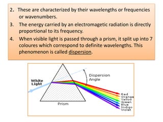 2. These are characterized by their wavelengths or frequencies
    or wavenumbers.
3. The energy carried by an electromagetic radiation is directly
    proportional to its frequency.
4. When visible light is passed through a prism, it split up into 7
    coloures which correspond to definite wavelengths. This
    phenomenon is called dispersion.
 