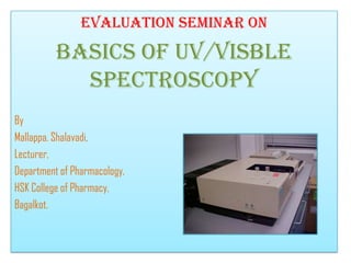 Evaluation seminar on

          Basics of UV/Visble
            spectroscopy
By
Mallappa. Shalavadi,
Lecturer,
Department of Pharmacology,
HSK College of Pharmacy,
Bagalkot.
 
