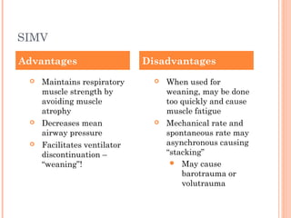 SIMV
 Maintains respiratory
muscle strength by
avoiding muscle
atrophy
 Decreases mean
airway pressure
 Facilitates ventilator
discontinuation –
“weaning”!
 When used for
weaning, may be done
too quickly and cause
muscle fatigue
 Mechanical rate and
spontaneous rate may
asynchronous causing
“stacking”
 May cause
barotrauma or
volutrauma
Advantages Disadvantages
 