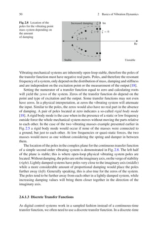 50 2 Basics of Vibration Dynamics
Fig.2.8 Location of the
poles for the vibrating point
mass system depending on
the amount
of damping
UnstableStable
Im
Re
Increased damping
0
0
Vibrating mechanical systems are inherently open-loop stable, therefore the poles of
the transfer function must have negative real parts. Poles, and therefore the resonant
frequency of a system, only depend on the distribution of mass, damping and stiffness
and are independent on the excitation point or the measurement of the output [18].
Setting the numerator of a transfer function equal to zero and calculating roots
will yield the zeros of the system. Zeros of the transfer function do depend on the
point and type of excitation and the output. Some transfer functions may not even
have zeros. In a physical interpretation, at zeros the vibrating system will attenuate
the input. Similar to the poles, the zeros would also have no real part in the absence
of damping. A pair of poles located at zero indicates a so-called rigid body mode
[18]. A rigid body mode is the case when in the presence of a static or low frequency
outside force the whole mechanical system moves without moving the parts relative
to each other. In the case of the two vibrating masses example presented earlier in
Fig.2.5 a rigid body mode would occur if none of the masses were connected to
a ground, but just to each other. At low frequencies or quasi-static forces, the two
masses would move as one without considering the spring and damper in between
them.
The location of the poles in the complex plane for the continuous transfer function
of a simple second order vibrating system is demonstrated in Fig.2.8. The left half
of the plane is stable; this is where open-loop physical vibrating system poles are
located.Withoutdamping,thepolesareontheimaginaryaxis,onthevergeofstability
(right). Lightly damped systems have poles very close to the imaginary axis (middle)
while a more considerable amount of proportional damping would place the poles
further away (left). Generally speaking, this is also true for the zeros of the system.
The poles tend to be further away from each other in a lightly damped system, while
increasing damping values will bring them closer together in the direction of the
imaginary axis.
2.6.1.3 Discrete Transfer Functions
As digital control systems work in a sampled fashion instead of a continuous-time
transfer function, we often need to use a discrete transfer function. In a discrete-time
 
