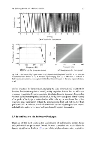 2.6 Creating Models for Vibration Control 57
0 1 2 3 4 5 6 7 8 9 10
−1
−0.5
0
0.5
1
Time (s)
Amplitude(−)
0 100 200 300
−60
−50
−40
−30
−20
Frequency (Hz)
Power/frequency(dB/Hz)
1.5
0.5
1
0 100 200 300
Frequency (Hz)
Time
(a) Chirp in the time domain
(b) Chirp in the frequency domain (c) Spectrogram of a chirp signal
Fig.2.10 An example chirp signal with a ±1 (-) amplitude ranging from 0 to 10Hz in 10s is shown
plotted in the time domain in (a). A different signal ranging from DC to 300Hz in 2s is shown in
the frequency domain on a periodogram in (b) while the spectrogram of the same signal is featured
in (c)
amount of data as the time domain, implying the same computational load for both
domains. In case one requires to identify a very large time domain data set with clear
resonance peaks in the frequency domain, it is advised to use a frequency domain data
with non-equidistant frequency resolution. Leaving more data points in the vicinity
of the peaks of the frequency domain data while reducing the number of data points
elsewhere may signiﬁcantly reduce the computational load and still produce high
quality models. A common practice is to take the low and high frequency of interest
and divide the region in between by logarithmically spaced frequencies.
2.7 Identiﬁcation via Software Packages
There are off-the-shelf solutions for identiﬁcation of mathematical models based
on experimental test procedures. One of the most convenient and accessible is the
System Identiﬁcation Toolbox [59], a part of the Matlab software suite. In addition
 