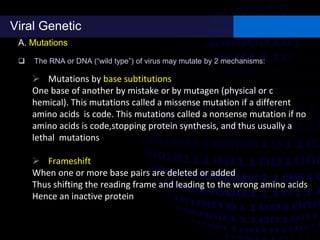 Viral Genetic
A. Mutations
 The RNA or DNA (“wild type”) of virus may mutate by 2 mechanisms:
 Mutations by base subtitutions
One base of another by mistake or by mutagen (physical or c
hemical). This mutations called a missense mutation if a different
amino acids is code. This mutations called a nonsense mutation if no
amino acids is code,stopping protein synthesis, and thus usually a
lethal mutations
 Frameshift
When one or more base pairs are deleted or added
Thus shifting the reading frame and leading to the wrong amino acids
Hence an inactive protein
 
