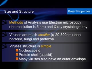 Size and Structure
Viruses are much smaller (φ 20-300nm) than
bacteria, fungi and protozoa
Basic Properties
Viruses structure is simple
Nucleocapsid
Protein shell (capsid)
Many viruses also have an outer envelope
Methods of Analysis use Electron microscopy
(the resolution is 5 nm) and X-ray crystallography
 