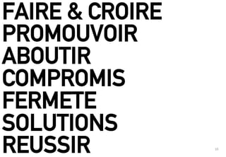 )*!
FAIRE & CROIRE
PROMOUVOIR
ABOUTIR
COMPROMIS
FERMETE
SOLUTIONS
REUSSIR
 