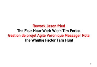+*!
Rework Jason fried
The Four Hour Work Week Tim Feriss
Gestion de projet Agile Veronique Messager Rota
The Whuffie Factor Tara Hunt
 