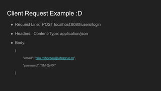 Client Request Example :D
● Request Line: POST localhost:8080/users/login
● Headers: Content-Type: application/json
● Body:
{
"email": "ralu.mihordea@ultragrup.ro",
"password": "ltMrQyX4"
}
 