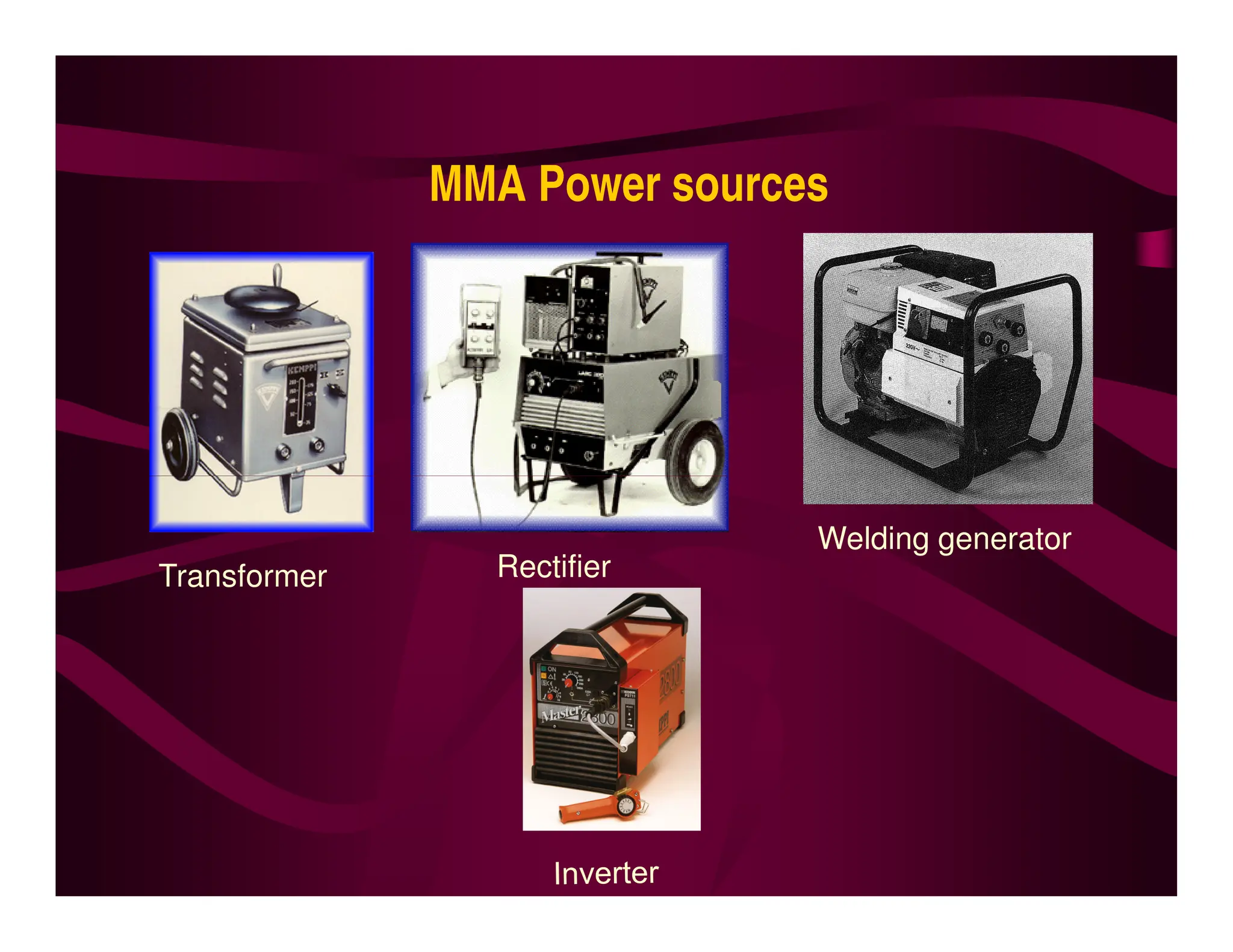 MMA Power sources
Transformer Rectifier
Welding generator
 