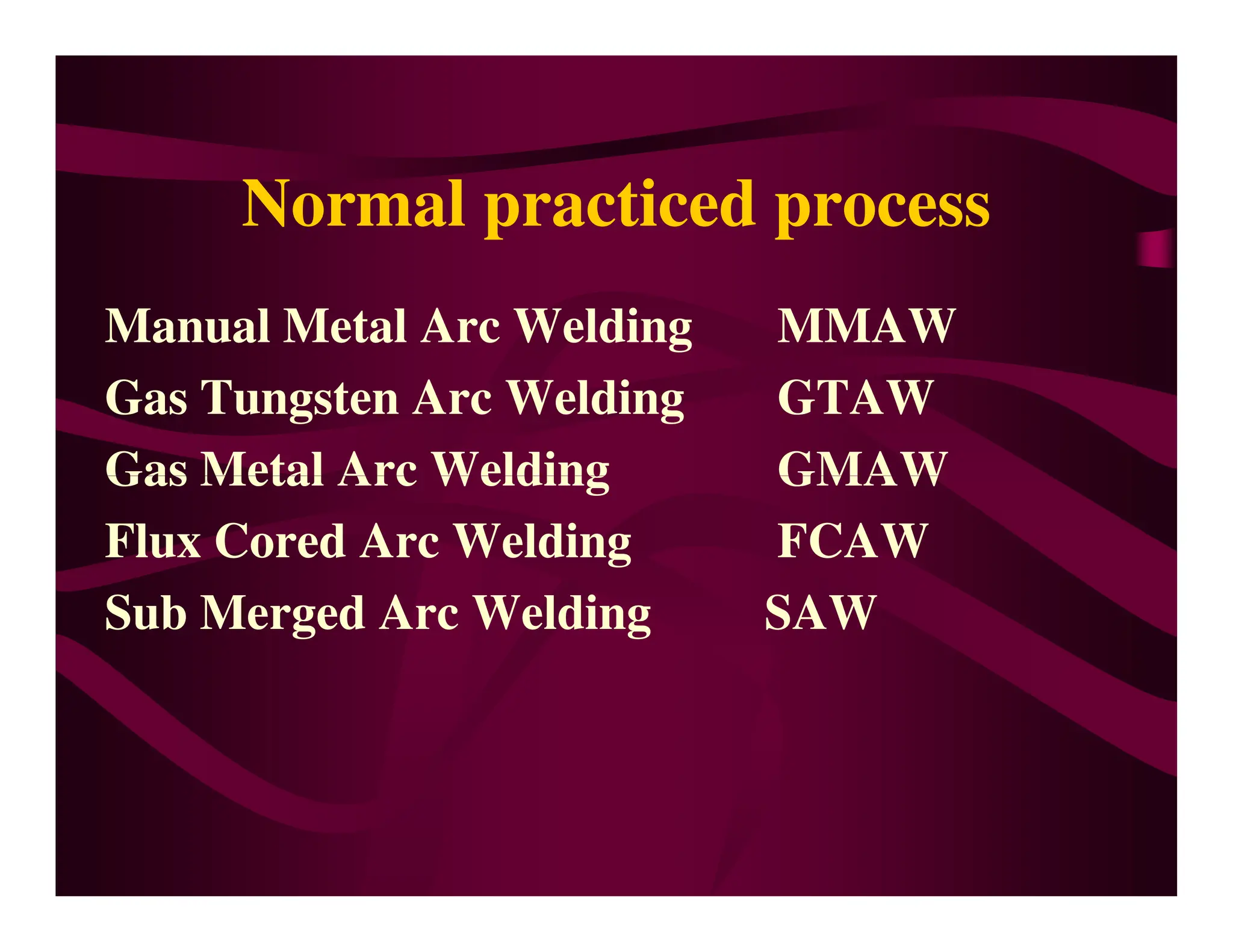 Normal practiced process
Manual Metal Arc Welding MMAW
Gas Tungsten Arc Welding GTAW
Gas Metal Arc Welding GMAW
Gas Metal Arc Welding GMAW
Flux Cored Arc Welding FCAW
Sub Merged Arc Welding SAW
 