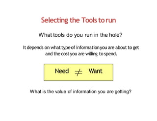 Selecting the Tools torun
What tools do you run in the hole?
Itdepends on whattypeof informationyou are about to get
and thecostyou are willing to spend.
Need Want
What is the value of information you are getting?
 