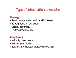 Typeof Information toAcquire
• Geology
‐ Sand development and sandthickness
‐ Stratigraphic information
‐ Lateralcontinuity
‐ Hydrocarbonsource
• Geophysics
‐ Velocity uncertainty
‐ Well to seismic tie
‐ Seismic and fluids/lithology correlation
 