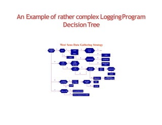 An Exampleof rather complexLoggingProgram
DecisionTree
West Seno Data Gathering Strategy
Standard
well
PAY
Fully
Loade d
Wireline
Full
Cor es
SAMPLING
LWD
SAMPLES
LWD
12 1/4 “ WIRELINE
PAY
PRESSURE
P.O
PEX
MD T
CST
Cor es
Special
Logging
Velocity
Uncertainty
UBI or CBL
SAMPLING
Cased HoleGR
CSAT
or VSP
GR to bottom of 13 3/8 “
STOP
STOP
Y
N
Y
Y Y Y
Y
Y
Y
Y
Y
Y N
N
N
N
N
N
N
N
N
N
N
N
LWD
MDT
Objective Objective
driven-logging
De epest
Well
VSP
STOP
N
 
