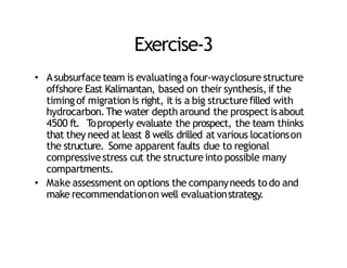 Exercise‐3
• Asubsurfaceteam is evaluatinga four‐wayclosure structure
offshore East Kalimantan, based on their synthesis,if the
timing of migrationis right, it is a big structurefilled with
hydrocarbon.The water depth around the prospect isabout
4500 ft. T
oproperly evaluate the prospect, the team thinks
that they need at least 8 wells drilled at various locationson
the structure. Some apparent faults due to regional
compressivestress cut the structureinto possible many
compartments.
• Make assessment on options the companyneeds todo and
make recommendationon well evaluationstrategy.
 