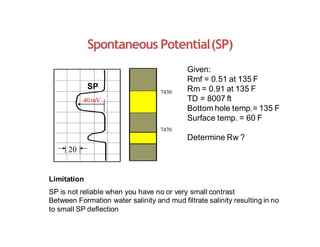 Spontaneous Potential(SP)
SP
40 mV
20
Limitation
SP is not reliable when you have no or very small contrast
Between Formation water salinity and mud filtrate salinity resulting in no
to small SP deflection
7470
Determine Rw ?
7430
Given:
Rmf = 0.51 at 135 F
Rm = 0.91 at 135 F
TD = 8007 ft
Bottom hole temp.= 135 F
Surface temp. = 60 F
 