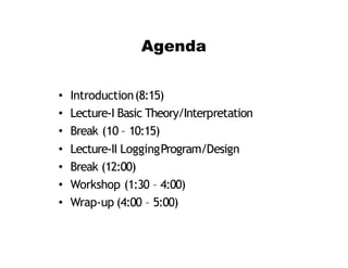 Agenda
• Introduction(8:15)
• Lecture‐I Basic Theory/Interpretation
• Break (10 – 10:15)
• Lecture‐II LoggingProgram/Design
• Break (12:00)
• Workshop (1:30 – 4:00)
• Wrap‐up (4:00 – 5:00)
 