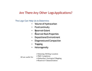 Are There Any Other LogsApplications?
➢Selecting Drilling Location
➢Well Completion
➢Subsurface Geological Mapping
➢Reservoir Characterization
All are useful for
The Logs Can Help Us to Determine:
• Volume ofHydrocarbon
• Fluidcontinuity
• ReservoirExtent
• ReservoirRockProperties
• DepositionalEnvirontment
• Diagenesisand Compaction
• Trapping
• Heterogeneity
 