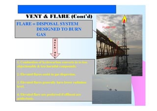 Thai Nippon Steel Engineering and Construction Corporation
FLARE = DISPOSAL SYSTEM
DESIGNED TO BURN
GAS
1. Combustion of hydrocarbon converts in to less
objectionable & less harmful compounds.
2. Elevated flares assist in gas dispersion.
3. Elevated flares generally have lower radiation
level.
4. Elevated flare are preferred if effluent are
acidic/toxic.
W
H
E
N
/
W
H
Y
WIND SOCK
FLARE LINE
VENT & FLARE (Cont’d)
 