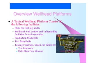 Thai Nippon Steel Engineering and Construction Corporation
Overview Wellhead PlatformsOverview Wellhead Platforms
A Typical Wellhead Platform Consist of
the following facilities:
– Slots for Drilling Wells
– Wellhead with control and safeguarding
facilities for safe operation.
– Production Manifolds
– Test Manifolds
– Testing Facilities, which can either be:
Test Separator or
Multi-Phase Flow Metering
 