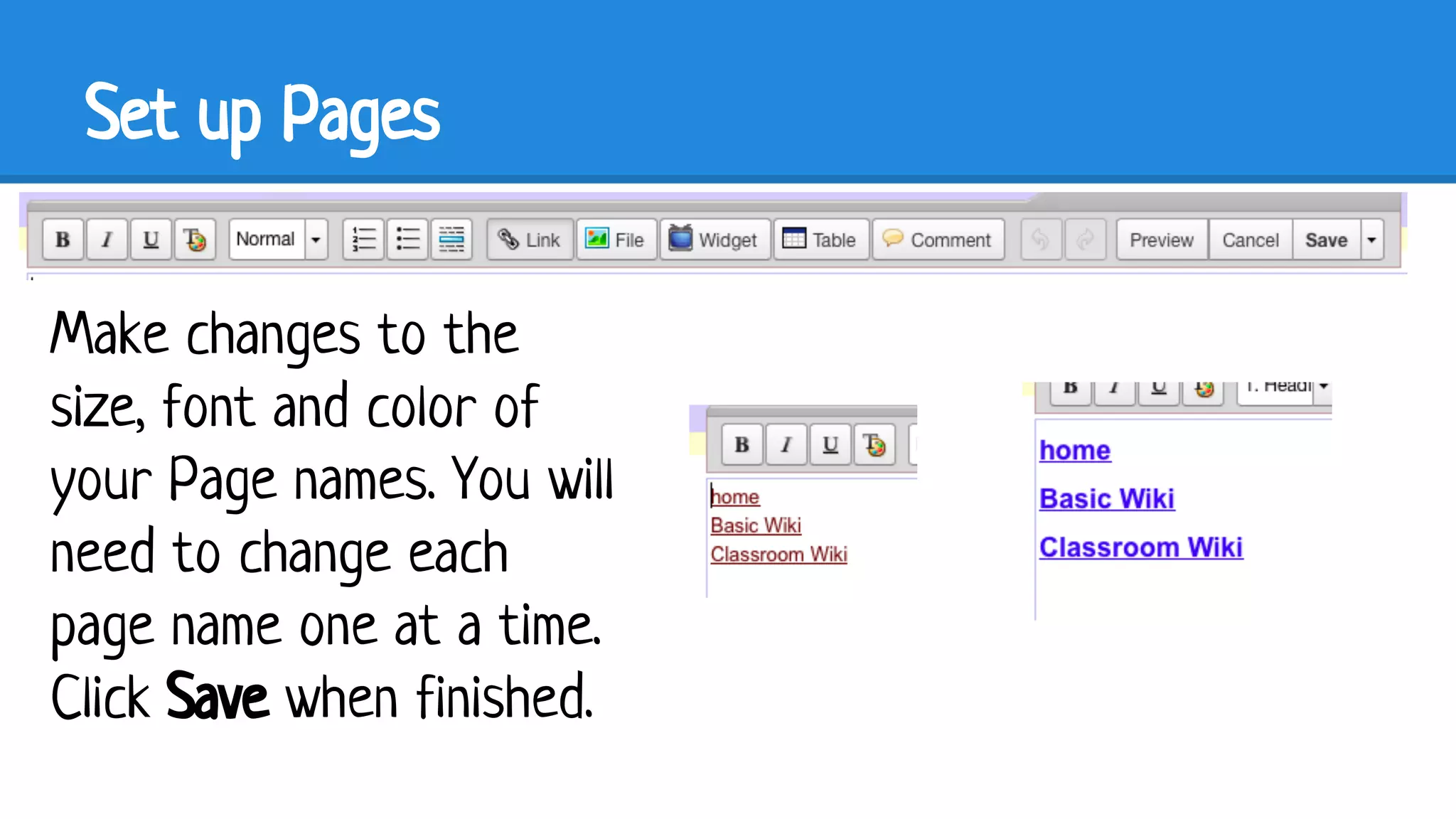 Set up Pages
Make changes to the
size, font and color of
your Page names. You will
need to change each
page name one at a time.
Click Save when finished.

 