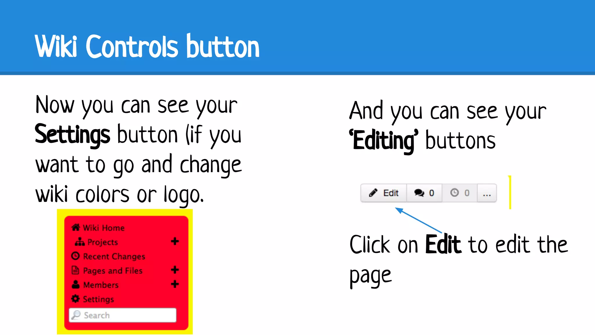 Wiki Controls button
Now you can see your
Settings button (if you
want to go and change
wiki colors or logo.

And you can see your
‘Editing’ buttons

Click on Edit to edit the
page

 