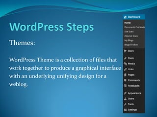 Themes:
WordPress Theme is a collection of files that
work together to produce a graphical interface
with an underlying unifying design for a
weblog.
 