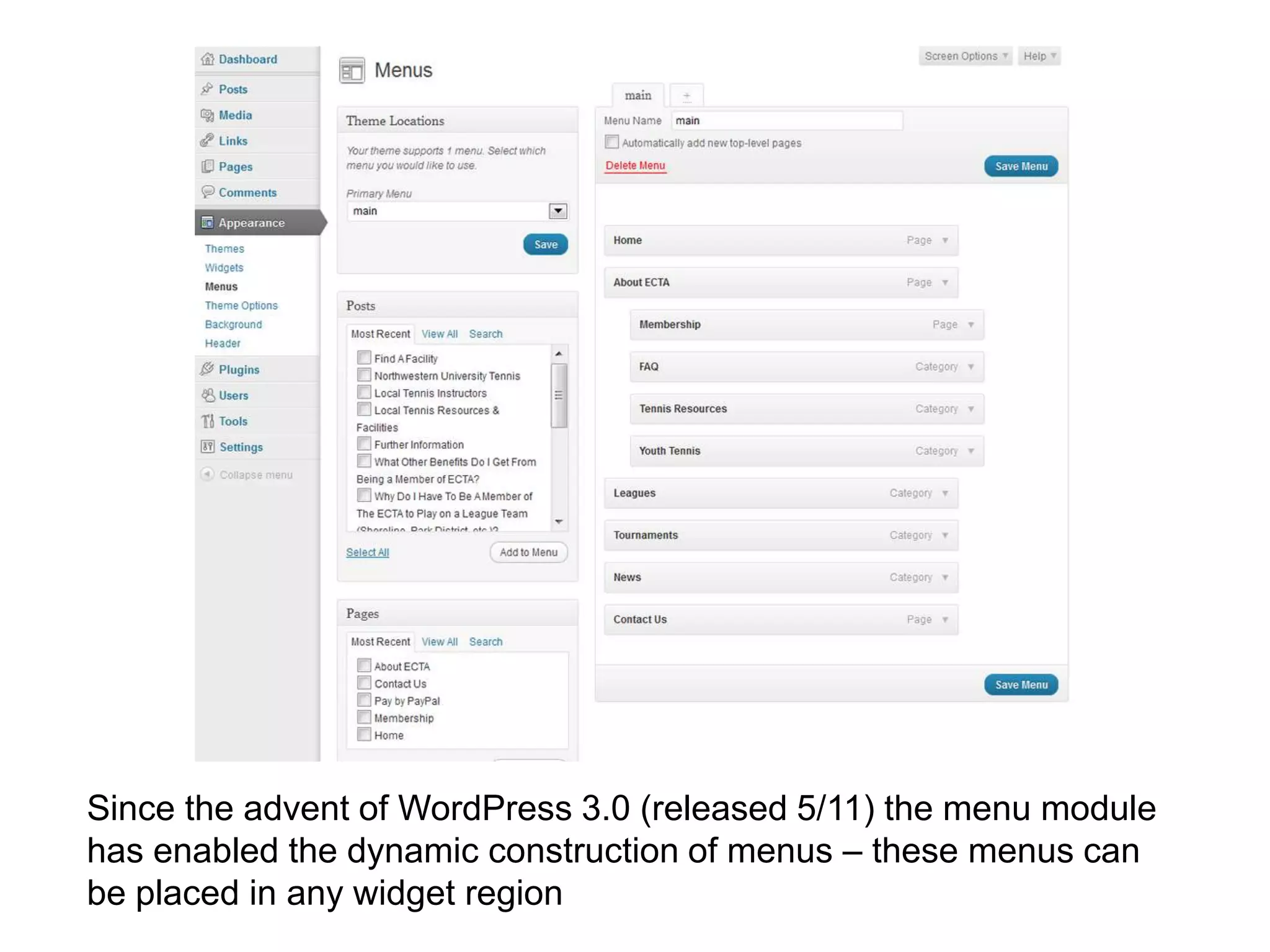Since the advent of WordPress 3.0 (released 5/11) the menu module
has enabled the dynamic construction of menus – these menus can
be placed in any widget region
 