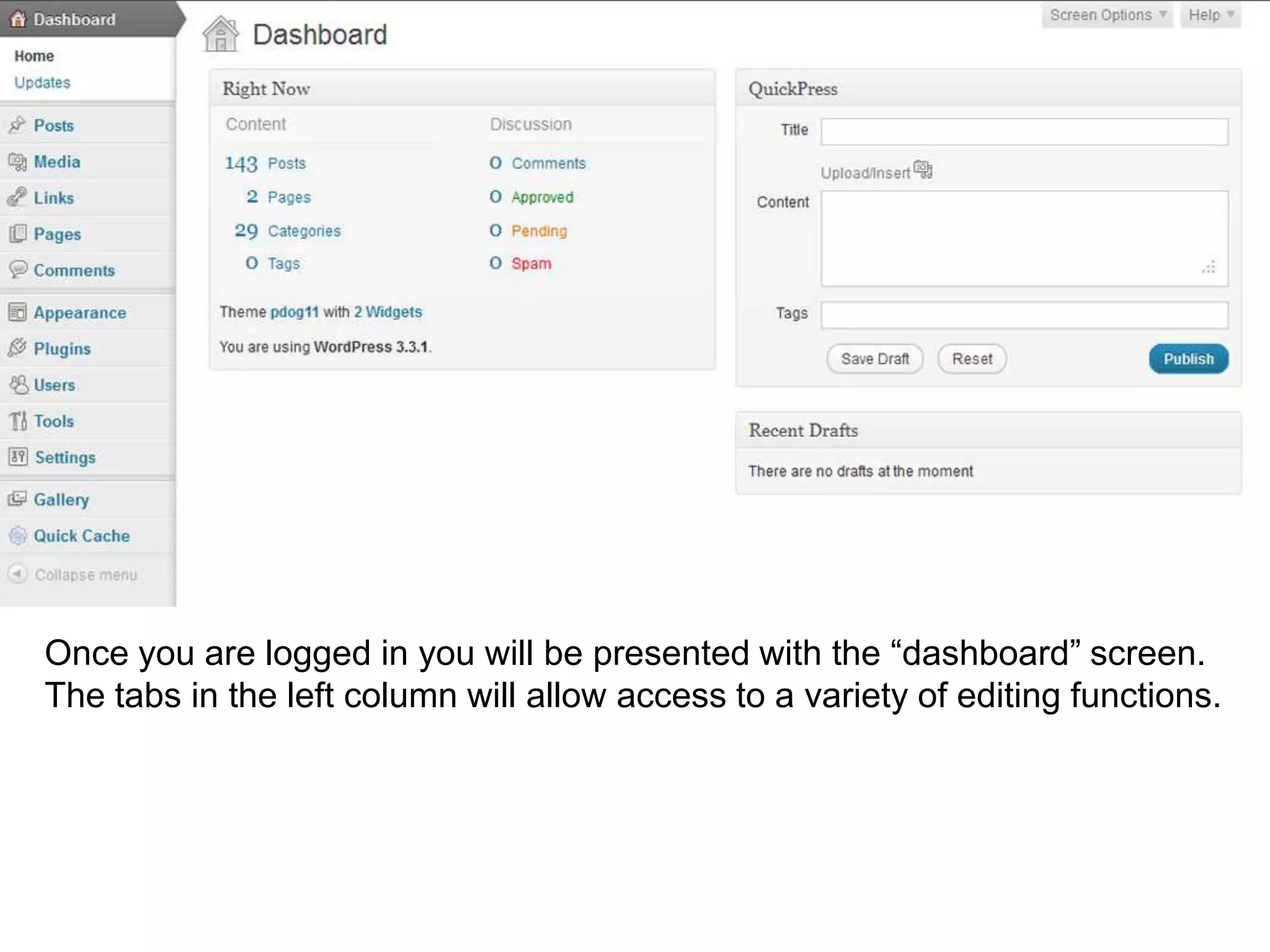 Once you are logged in you will be presented with the “dashboard” screen.
The tabs in the left column will allow access to a variety of editing functions.
 