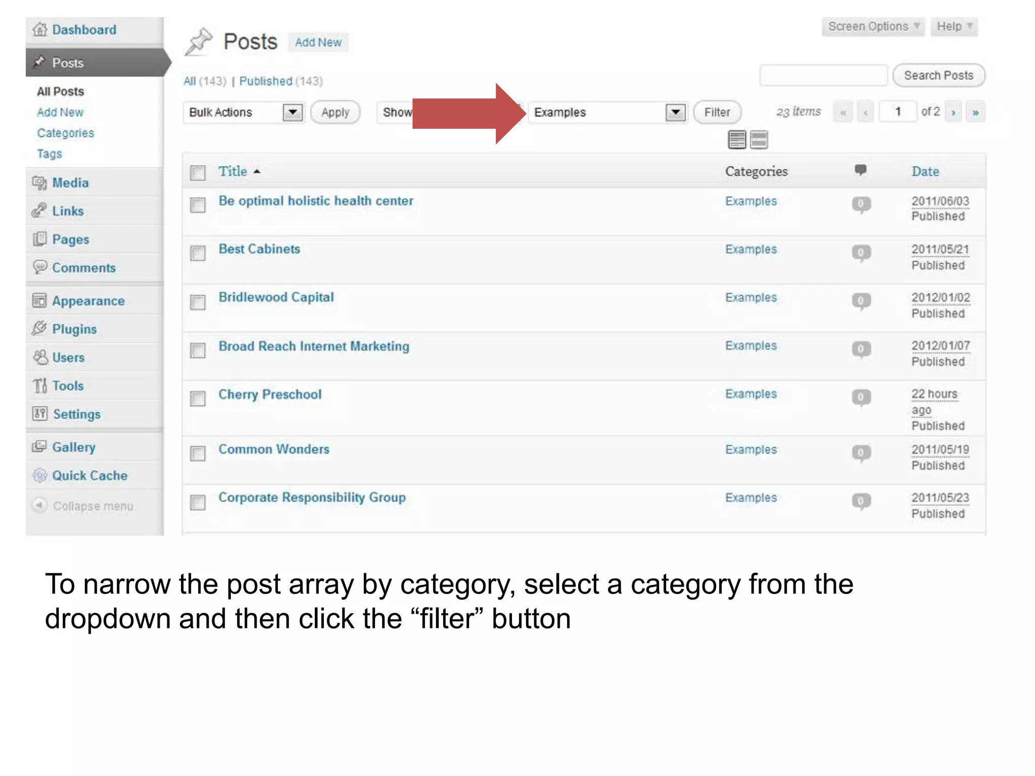To narrow the post array by category, select a category from the
dropdown and then click the “filter” button
 