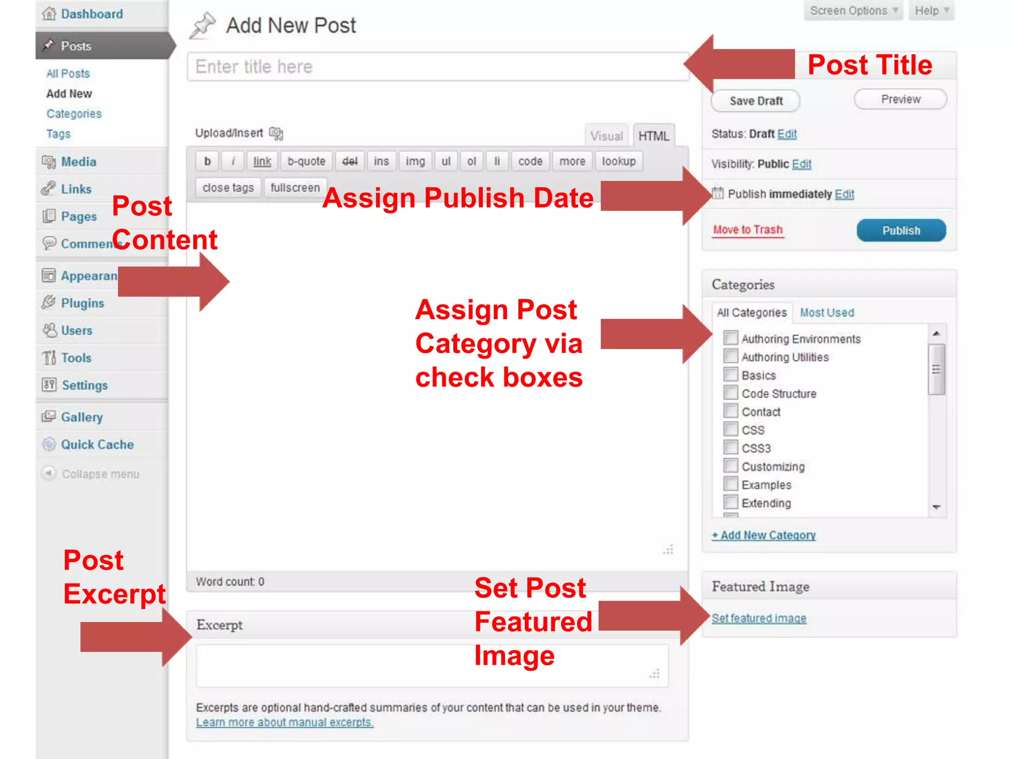 Post Title




   Post      Assign Publish Date
   Content

                   Assign Post
                   Category via
                   check boxes




Post
Excerpt                Set Post
                       Featured
                       Image
 