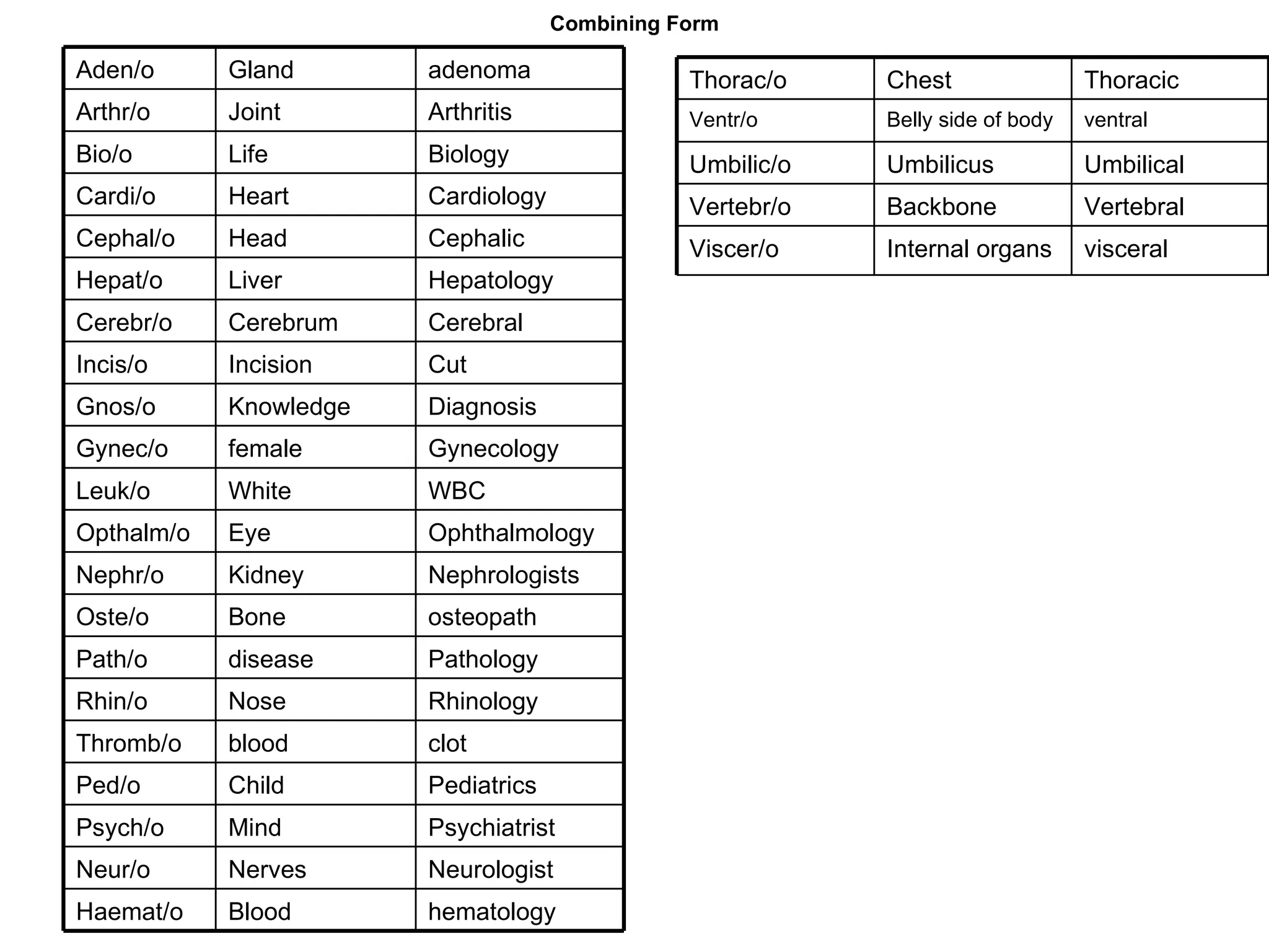 Combining Form hematology Blood Haemat/o Neurologist Nerves Neur/o  Psychiatrist Mind Psych/o Pediatrics Child Ped/o clot blood Thromb/o Rhinology Nose Rhin/o Pathology disease Path/o osteopath Bone Oste/o Nephrologists Kidney Nephr/o Ophthalmology Eye Opthalm/o WBC White Leuk/o Gynecology female Gynec/o Diagnosis Knowledge Gnos/o Cut Incision Incis/o Cerebral Cerebrum Cerebr/o Hepatology Liver Hepat/o Cephalic Head Cephal/o Cardiology Heart Cardi/o Biology Life Bio/o Arthritis Joint Arthr/o adenoma Gland Aden/o ventral Belly side of body Ventr/o visceral Internal organs Viscer/o Vertebral Backbone Vertebr/o Umbilical Umbilicus Umbilic/o Thoracic Chest Thorac/o 