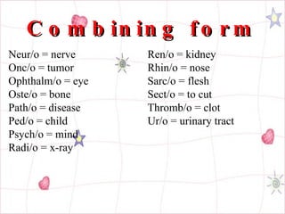 Combining form Neur/o = nerve Onc/o = tumor Ophthalm/o = eye Oste/o = bone Path/o = disease Ped/o = child Psych/o = mind Radi/o = x-ray Ren/o = kidney Rhin/o = nose Sarc/o = flesh Sect/o = to cut Thromb/o = clot Ur/o = urinary tract 