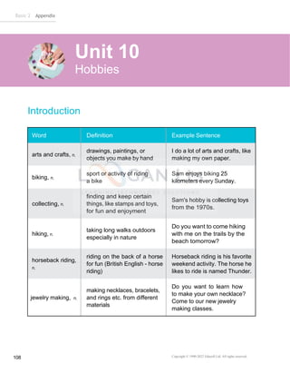Basic 2 Appendix
Copyright © 1990-2022 Edusoft Ltd. All rights reserved
108
Introduction
Word Definition Example Sentence
arts and crafts, n.
drawings, paintings, or
objects you make by hand
I do a lot of arts and crafts, like
making my own paper.
biking, n.
sport or activity of riding
a bike
Sam enjoys biking 25
kilometers every Sunday.
collecting, n.
finding and keep certain
things, like stamps and toys,
for fun and enjoyment
Sam's hobby is collecting toys
from the 1970s.
hiking, n.
taking long walks outdoors
especially in nature
Do you want to come hiking
with me on the trails by the
beach tomorrow?
horseback riding,
n.
riding on the back of a horse
for fun (British English - horse
riding)
Horseback riding is his favorite
weekend activity. The horse he
likes to ride is named Thunder.
jewelry making, n.
making necklaces, bracelets,
and rings etc. from different
materials
Do you want to learn how
to make your own necklace?
Come to our new jewelry
making classes.
Unit 10
Hobbies
 