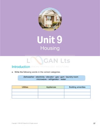 Copyright © 1990-2022 Edusoft Ltd. All rights reserved 57
Basic 2 Unit 9
Introduction
a. Write the following words in the correct categories.
Utilities Appliances Building amenities
9
 