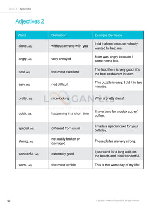 Basic 2 Appendix
Copyright © 1990-2022 Edusoft Ltd. All rights reserved
92
Adjectives 2
Word Definition Example Sentence
alone, adj. without anyone with you
I did it alone because nobody
wanted to help me.
angry, adj. very annoyed
Mom was angry because I
came home late.
best, adj. the most excellent
The food here is very good; it’s
the best restaurant in town.
easy, adj. not difficult
This puzzle is easy; I did it in two
minutes.
pretty, adj. nice-looking What a pretty dress!
quick, adj. happening in a short time
I have time for a quick cup of
coffee.
special, adj. different from usual
I made a special cake for your
birthday.
strong, adj.
not easily broken or
damaged
These plates are very strong.
wonderful, adj. extremely good
I just went for a long walk on
the beach and I feel wonderful.
worst, adj. the most terrible This is the worst day of my life!
 