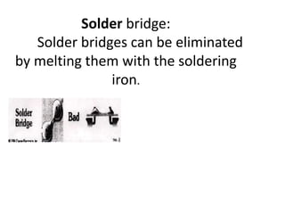 Solder bridge:
Solder bridges can be eliminated
by melting them with the soldering
iron.
 
