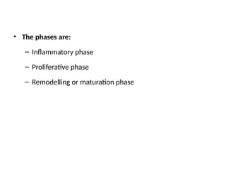 • The phases are:
– Inflammatory phase
– Proliferative phase
– Remodelling or maturation phase
 